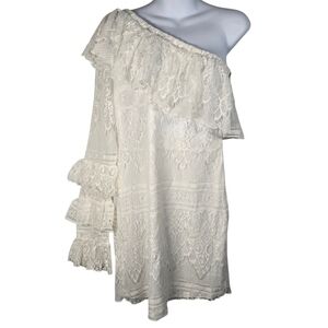 NWT Fanco White One Shoulder Long Tiered Sleeve Lace Mini Dress Size M